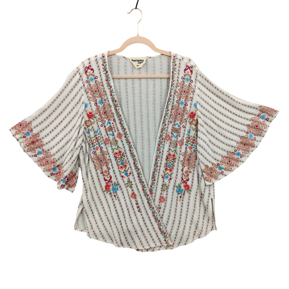 Savanna Jane Womens Boho Southwestern Embroidered Cardigan M/L Cream Bell Sleeve